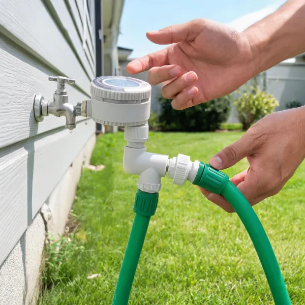 Timer and connector setup on outdoor faucet