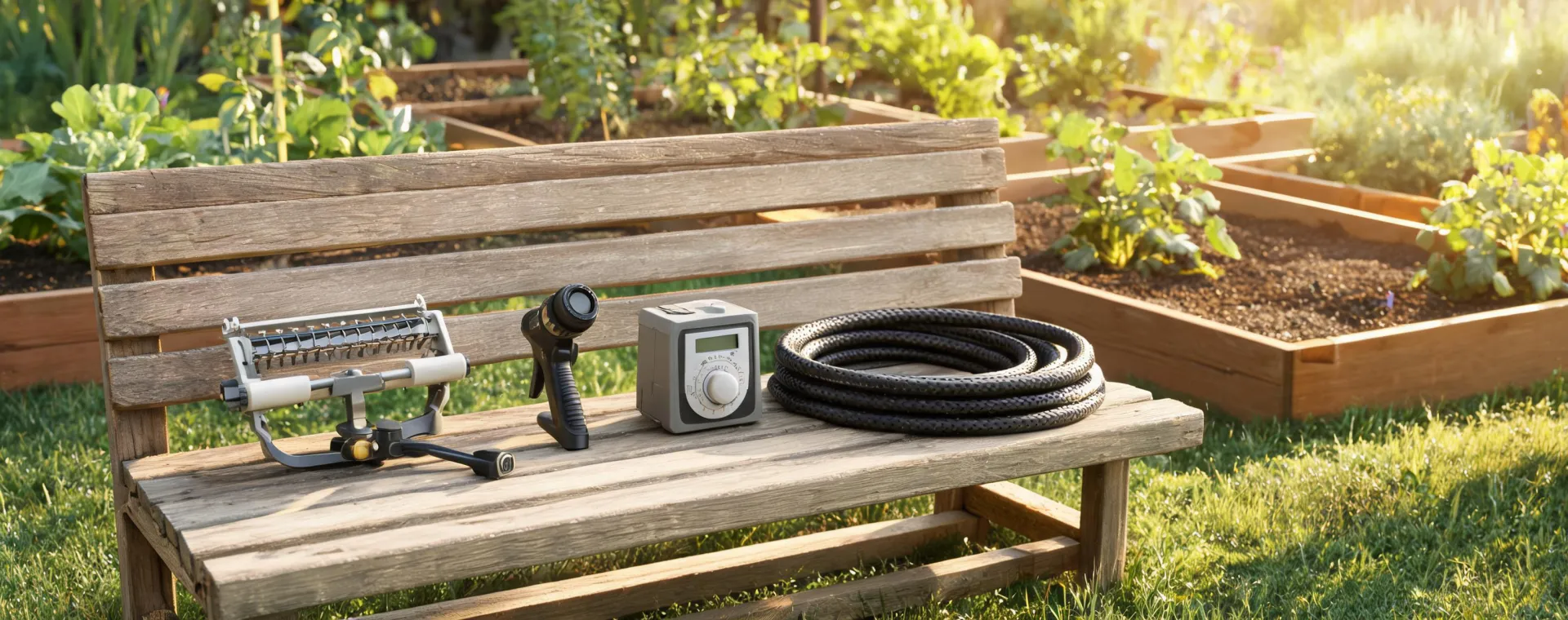 Organized irrigation products on a garden bench
