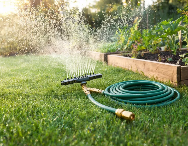 Melnor sprinkler watering a lawn beside raised garden beds