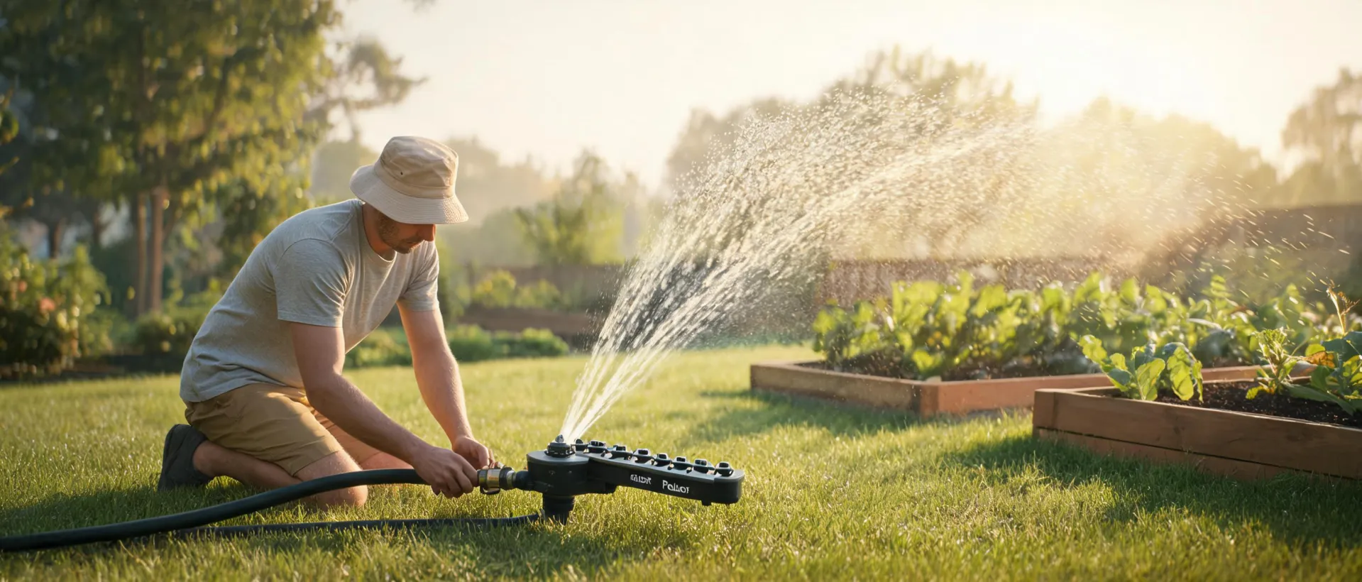 Melnor sprinkler setup being adjusted on a lawn